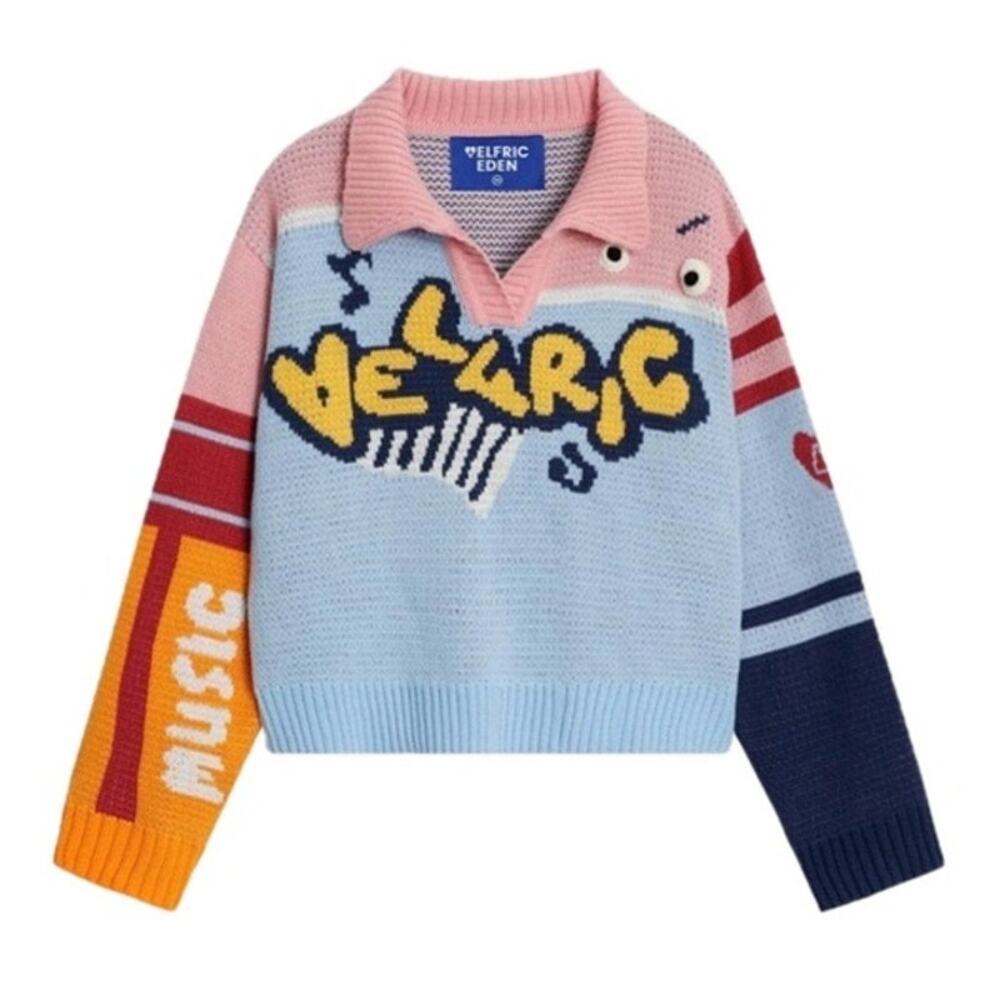 Aelfric Eden Artsy Quirky Oversized Boxy Crop Collared Colorblock Sweater